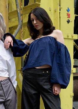 Off-Shoulder Puff Blouse - NAVY